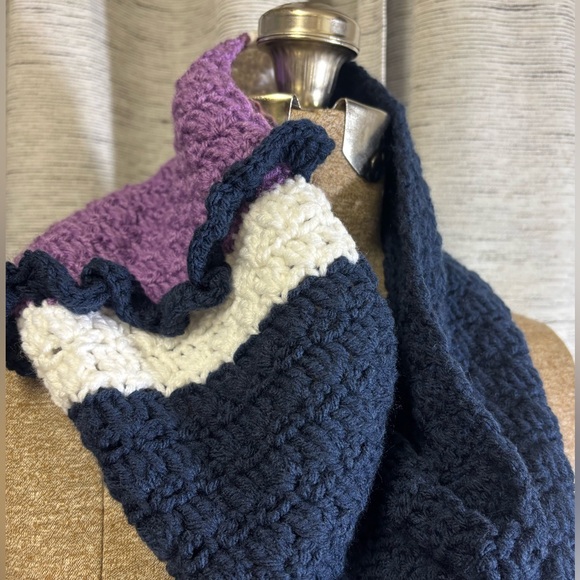 Accessories - Handmade New Crochet Scarf/Cowl in Purple, White, and Navy